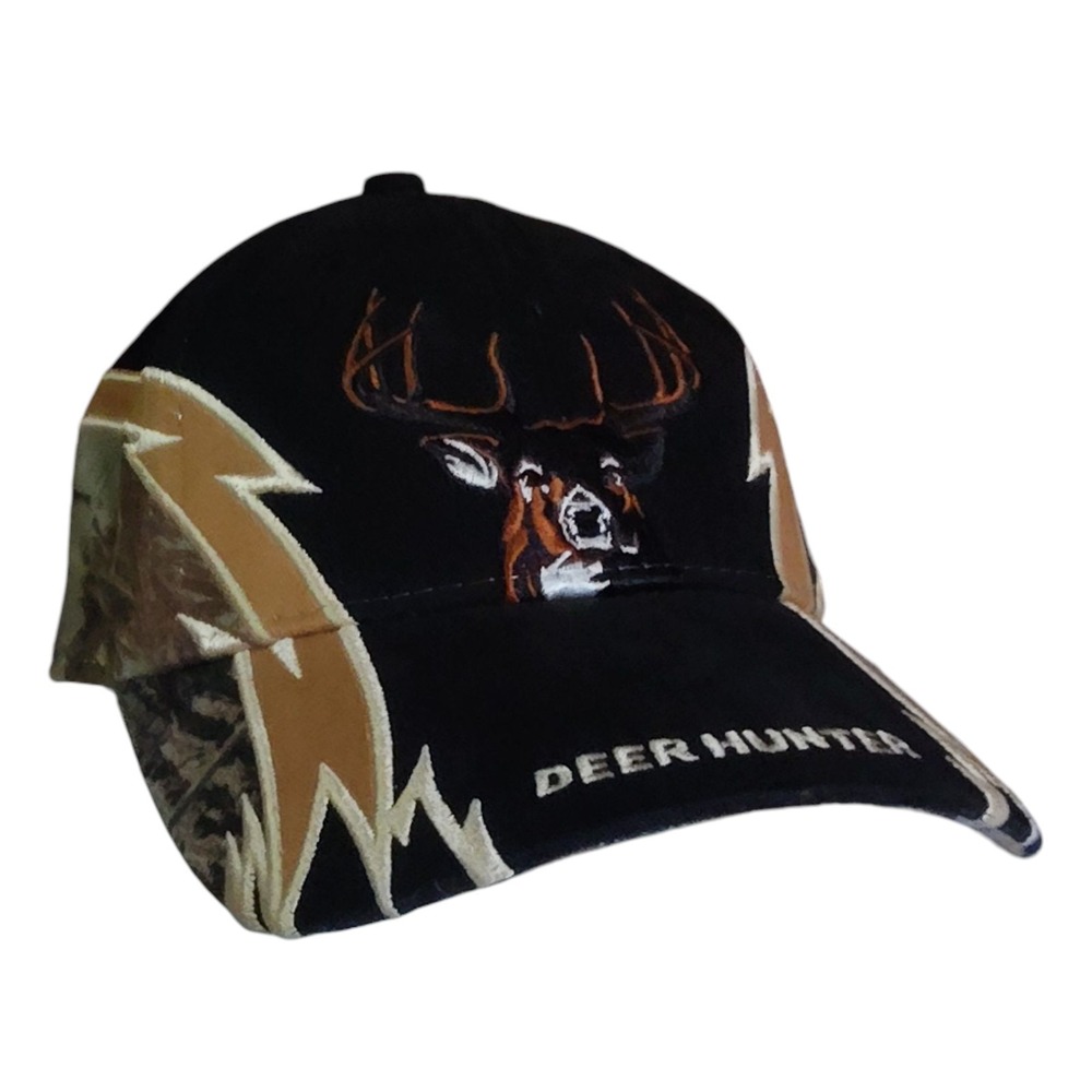 Deer Hunter Buck Wear Dominate the Woods Hat Camo Hunt Black Adjustable Cap